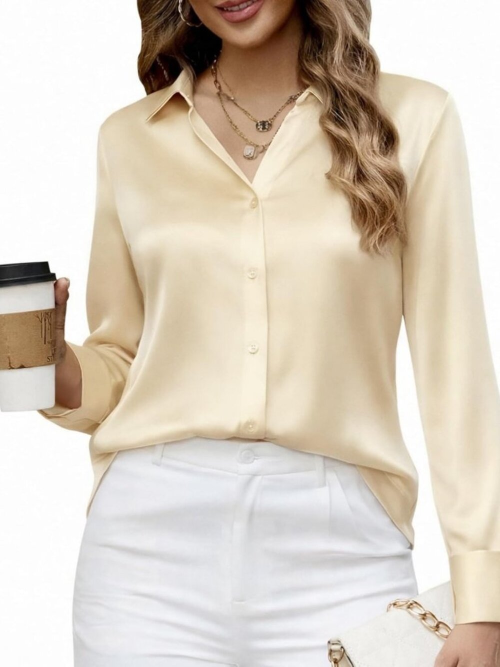 Chic Women's Satin Button Down Long Sleeve Blouse - Elegant Dress Shirt Top